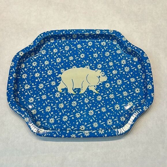 Vtg Tin Metal Pig Trays Small Nightstand Childs Farm Animals Set 3 Blue Decor Ki - Picture 6 of 8